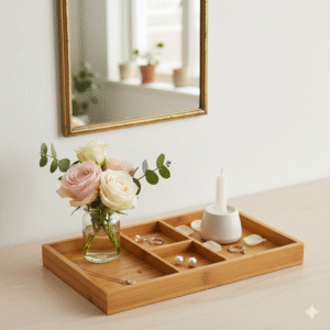 Decorative bamboo organizer tray for a clutter free vanity